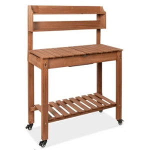 Wood Garden Potting Bench with Sliding Table Top and Dry Sink and Wheels
