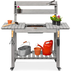 Wood Garden Potting Bench with Sliding Table Top and Dry Sink and Wheels