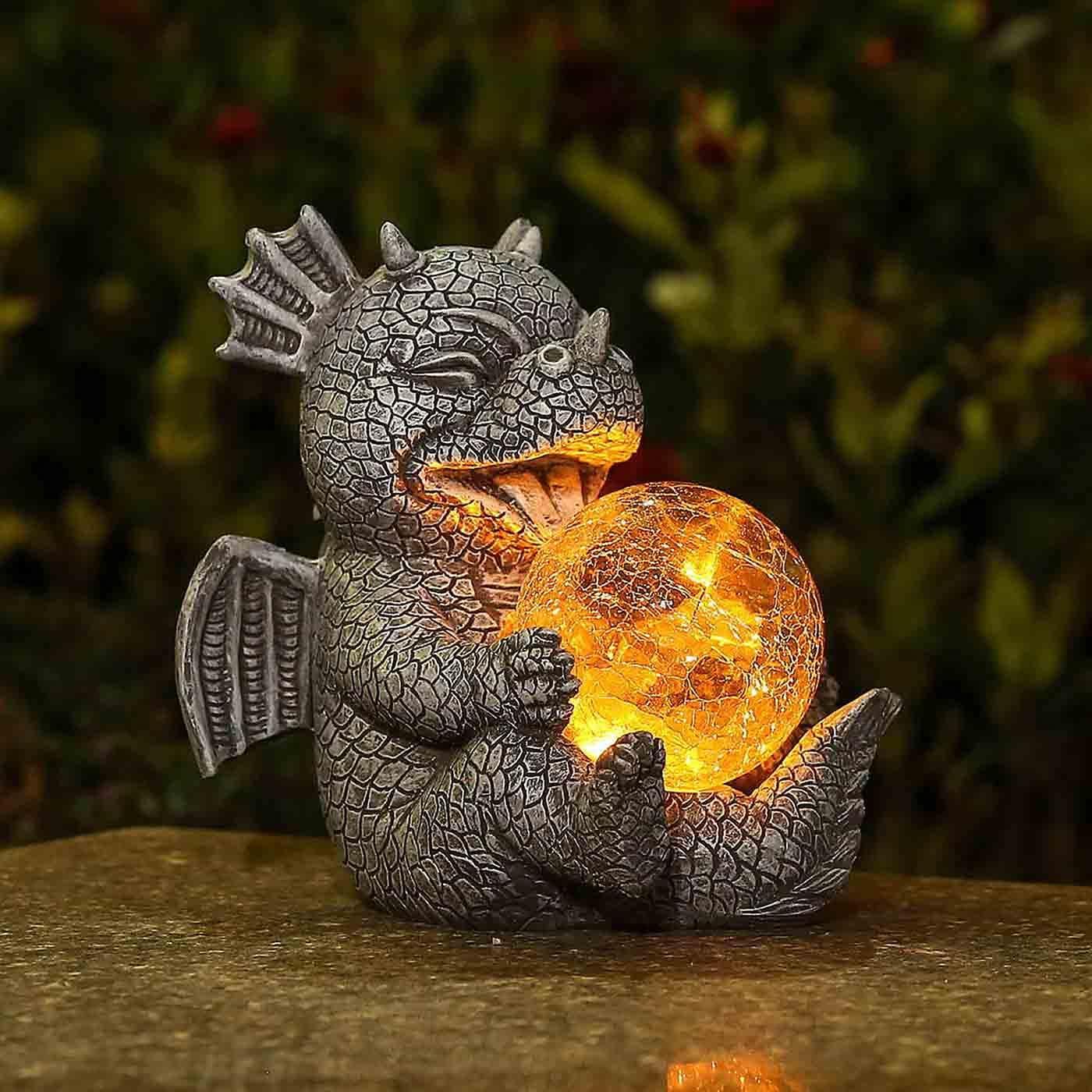 Adorable Baby Dragon Sculptures with Solar LED Lights