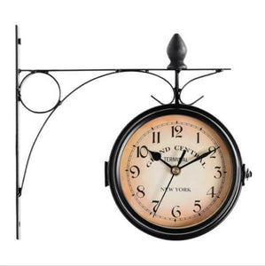 Double Sided Metal Hanging Wall Clock In Vintage Train Station Design - Adler's Store