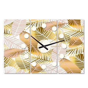 Golden Palm Leaves 3 Panels Oversized Mid-Century Wall Clock - Adler's Store