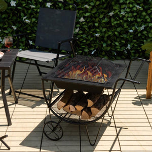 Outdoor Portable Wood Burning Fire Pit with Wheels and Storage Rack Spark Screen - Adler's Store