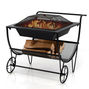 Outdoor Portable Wood Burning Fire Pit with Wheels and Storage Rack Spark Screen - Adler's Store