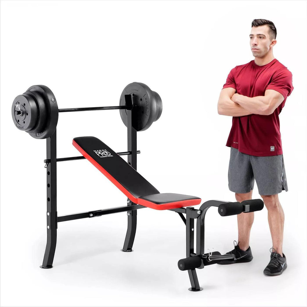 Pro Bench With 100 lb Vinyl Weight Set and Fixed 4-Roller Leg Pad Home Gym - Adler's Store