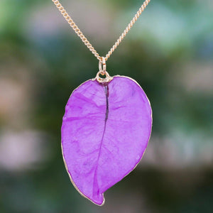 Purple Bougainvillea Leaf Pendant on 22K Gold Plated Necklace - Adler's Store