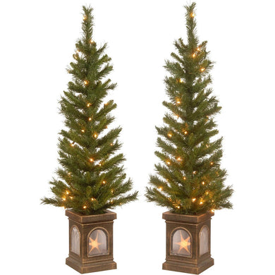 Set of Two 4 Ft Pre-Lit Entrance Pine Trees with Lighted Urn - Adler's Store