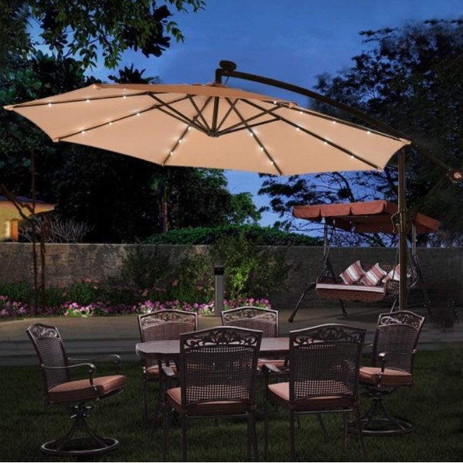 Solar 10Ft Hanging Umbrella Sun Shade with LED Lights Tan