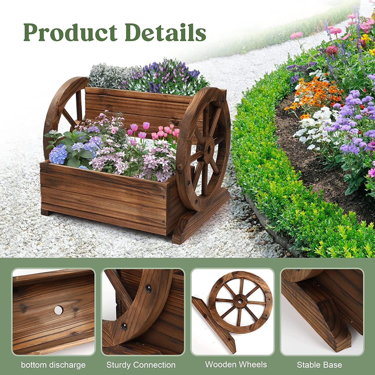 Wooden Wagon Planter Box Decorative Garden Planter with Wheels for Indoor and Outdoor Use